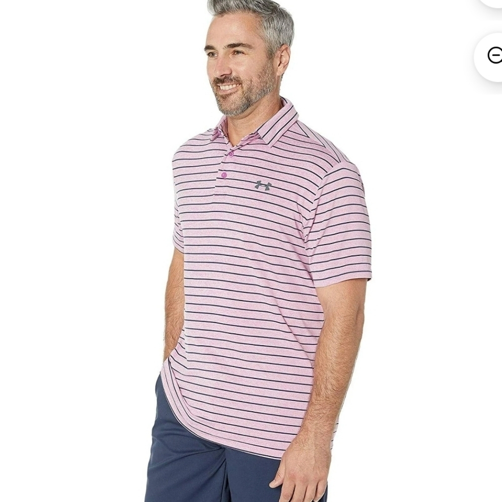 Men's Under Armour Pink Striped Polo Shirt Sz L Loose Fit